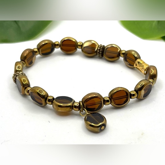 Stretch Bracelet,Natural Mookite Stone,gold Edge Electroplated topaz Glass Beads - Picture 5 of 7